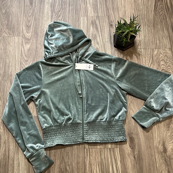 Francesca’s Mya Velour Full Zip Hoodie in Sage Green - Picture 11 of 14